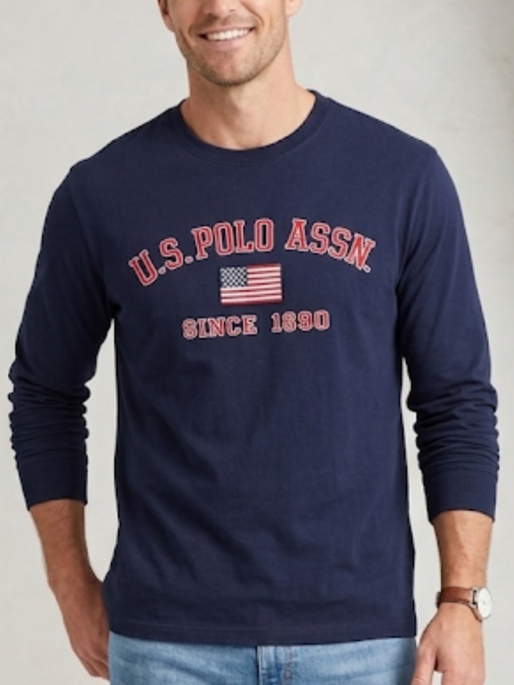 U.S. Polo Assn. Navy Long-Sleeve Graphic Crewneck Tee with Embroidered Flag Sz L